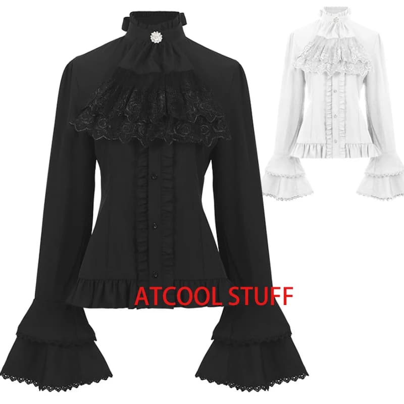 Women Victorian Renaissance Gothic Blouse Medieval Steampunk Shirt White Lolita Vintage  Ladies Short Design Party Lace Tops