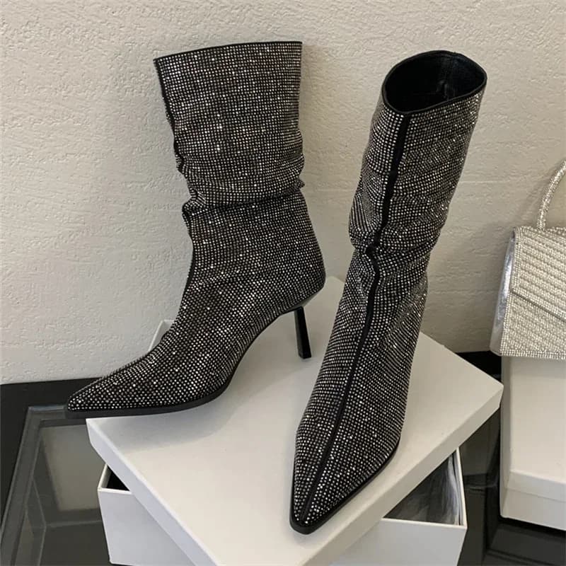 Autumn Winter Rhinestones Woman Ankle Boots  Pointed Toe Sexy Thin High Heels Shoes Modem Booties Zapatillas De Mujer