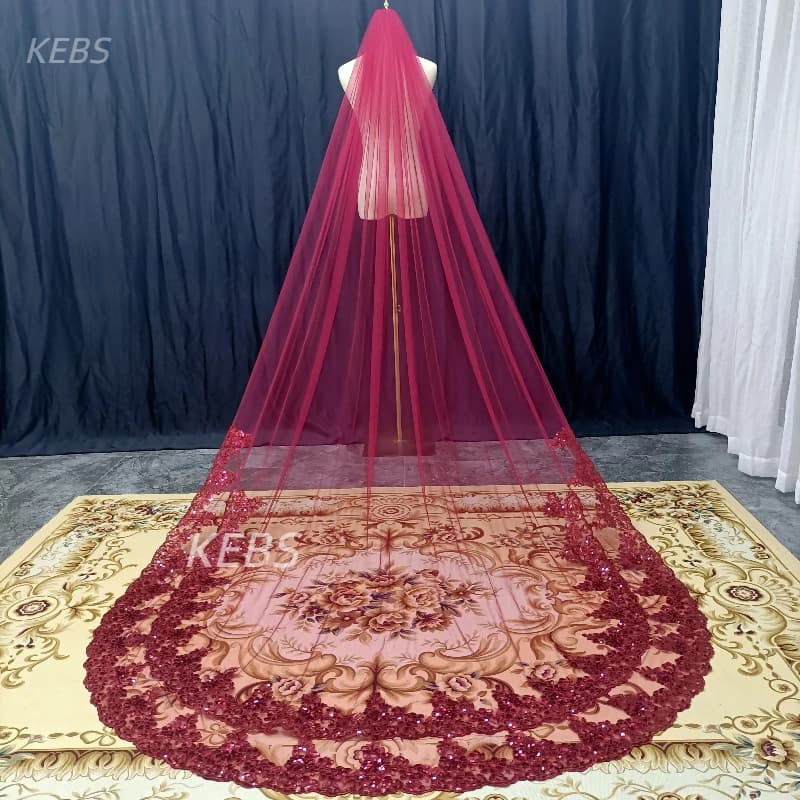 Self portrait of a single story small church, wine red bride lace veil, wedding accessories, sequin lace+comb