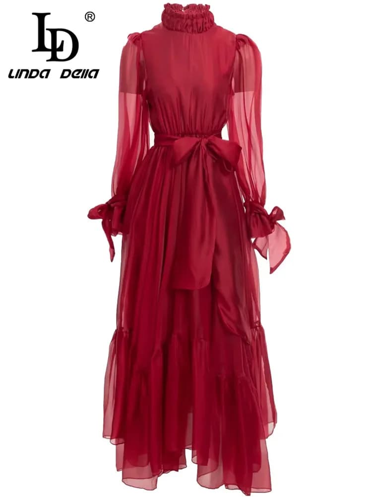 LD LINDA DELLA Fashion Designer Autumn Dress Women's Stand collar Long sleeve Belted Asymmetrical Ladies Red Long Dresses