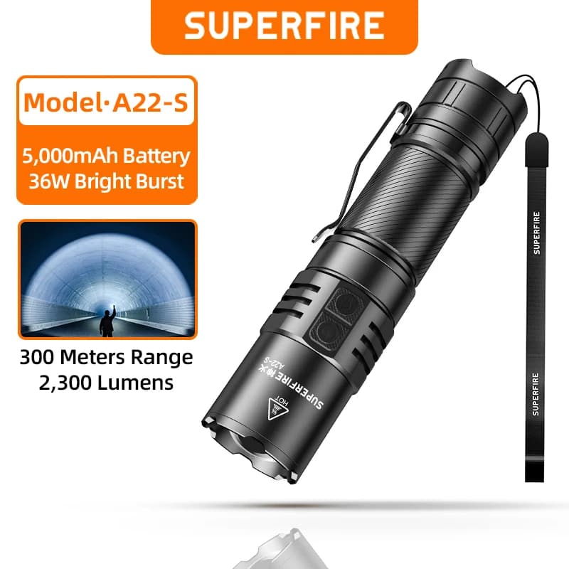 SUPERFIRE A22-S Rechargeable Torch 36W Tactical Flashlights Zoomable LED 2300lm Power Indicator USB C with Gear Memory Function
