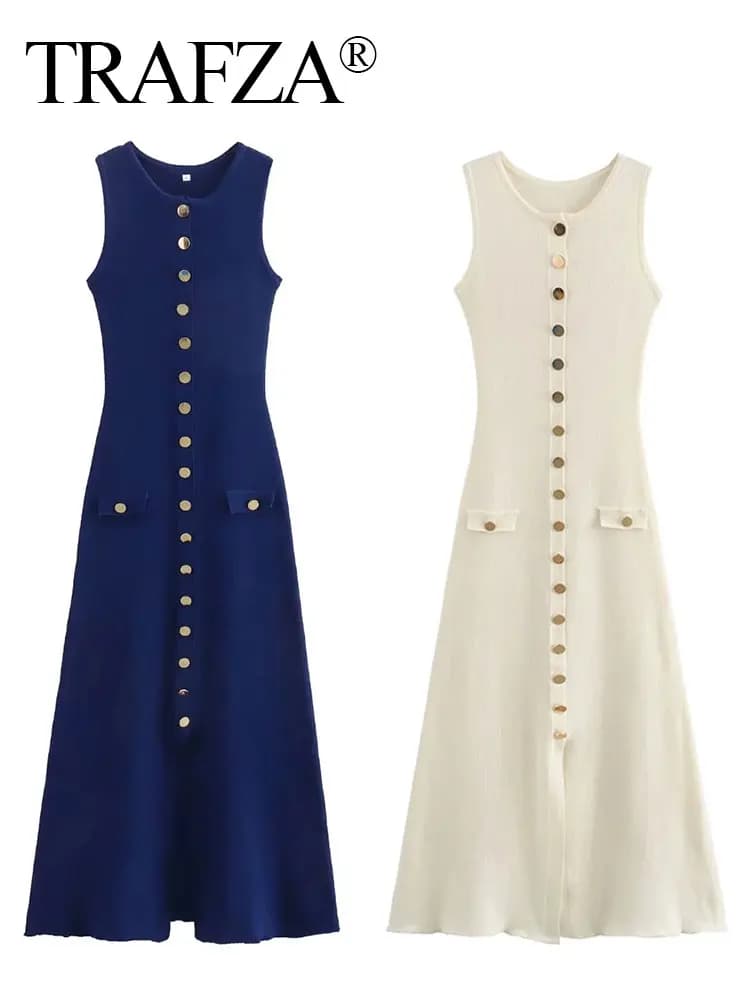 TRAFZA Women Elegant Solid Knitted Dress Single Breasted O Neck Sleeveless Dresses With Pockets Slim Midi Dress Office Lady