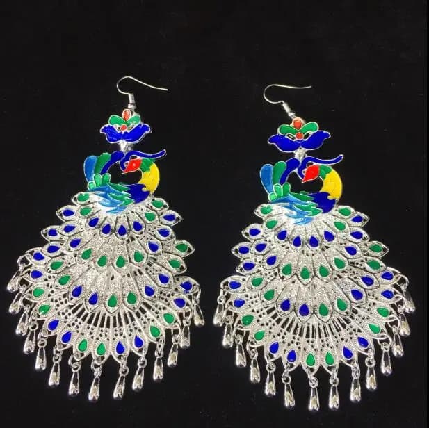 Chinese Miao Peacock  Big Earrings Sliver Women Hmong Ethnic
