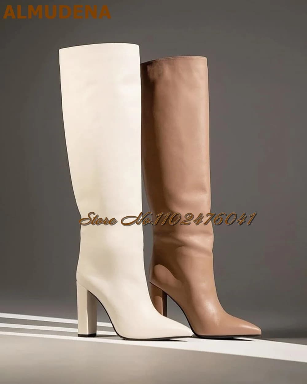 ALMUDENA Cream Khaki Matte Leather Chunky Heel Knee Boots Pointed Toe Block Heels Tall Boots Square Heels Long Dress Shoes Us14