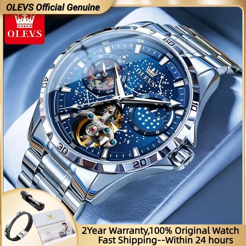 OLEVS Mechanical Watch for Men Skeleton Starry Sky Moon Phase Luminous Waterproof Stainless Steel Men's Automatic Watch