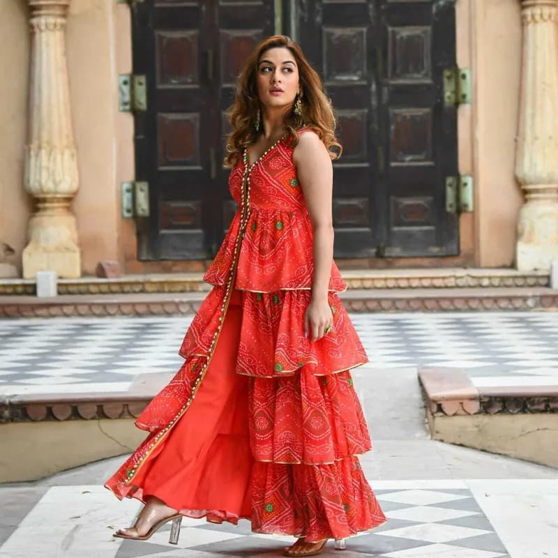 Orange Color Straight Procin Print Salwar Suit Kurti Pant Partywear Dress Set