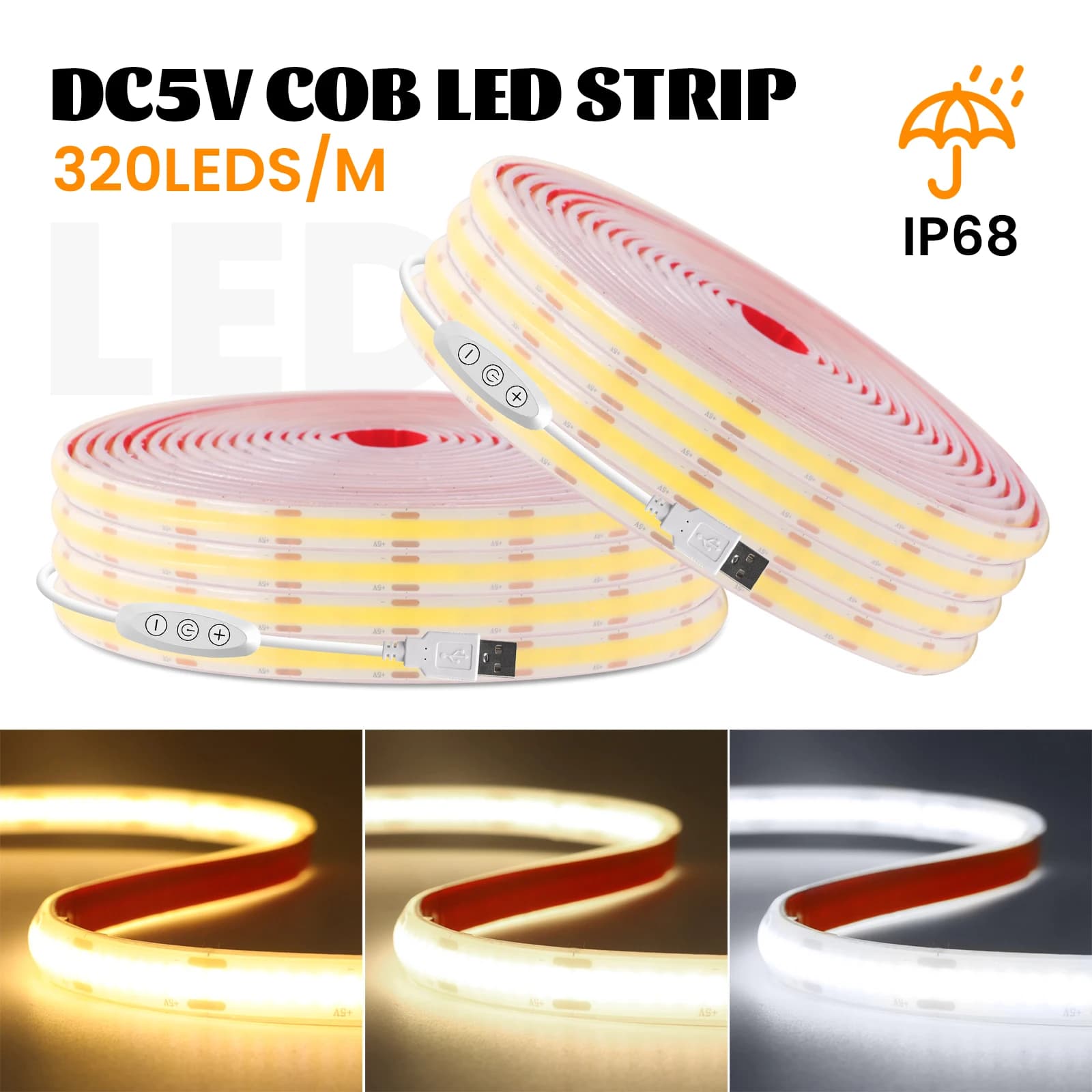 Dimmerable COB Strip DC 5V 320LED RA90 IP68 Waterproof FOB LED Light Bar Flexible High Density Linear Lighting 3000K 4000K 6000K