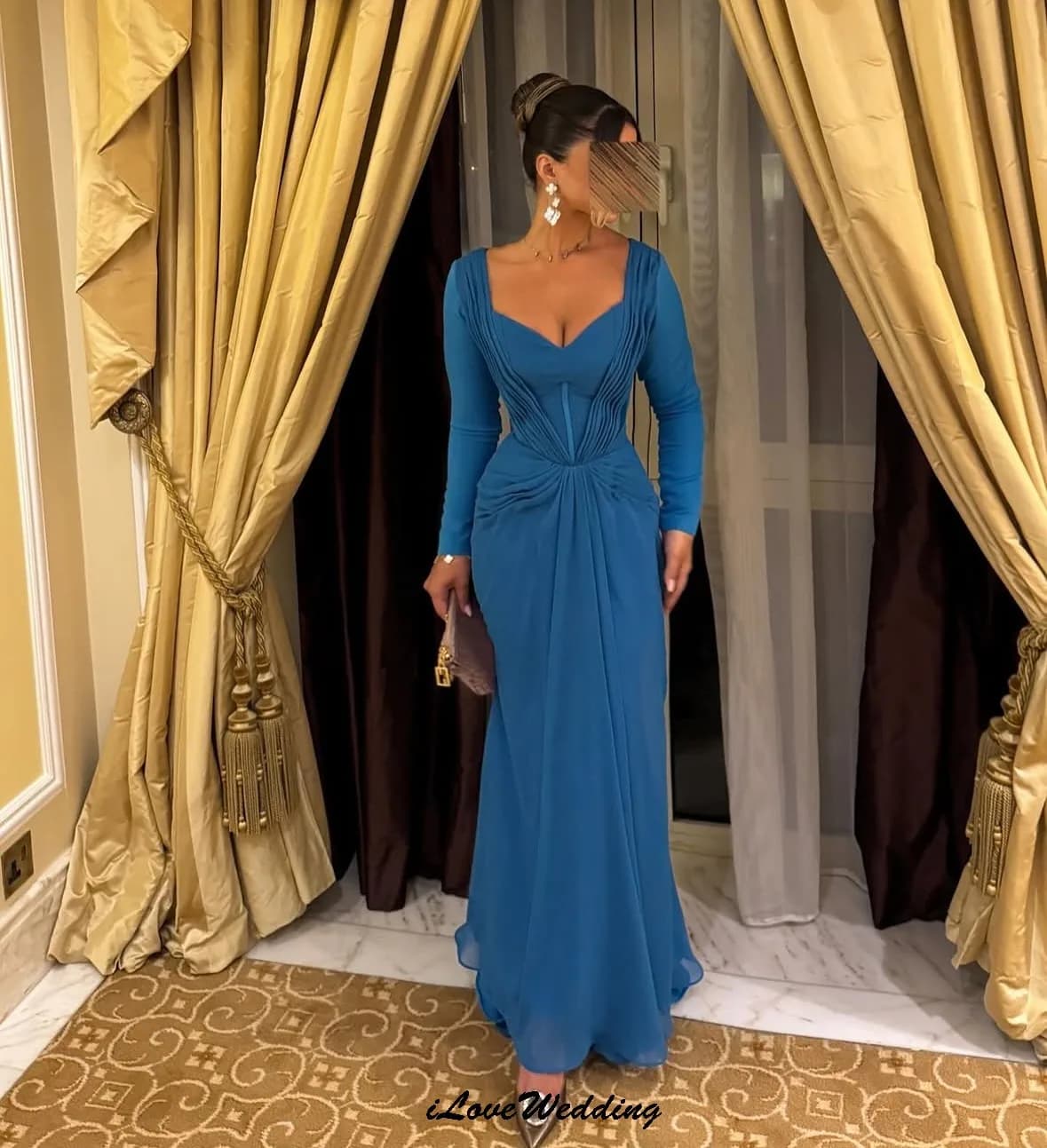Blue V-Neck Evening Dresses Elegant Chiffon Woman Wedding Party Dress Formal Ruched Mermaid Long Sleeve Ankle Length Customized