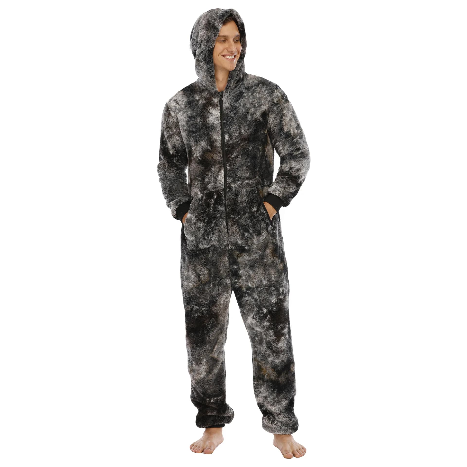 Christmas Tie-Dye Sleepwear Kigurumi Hooded Pajama Sets For Adult Men Pajamas Autumn Winter Warm Pyjamas Overall Suits