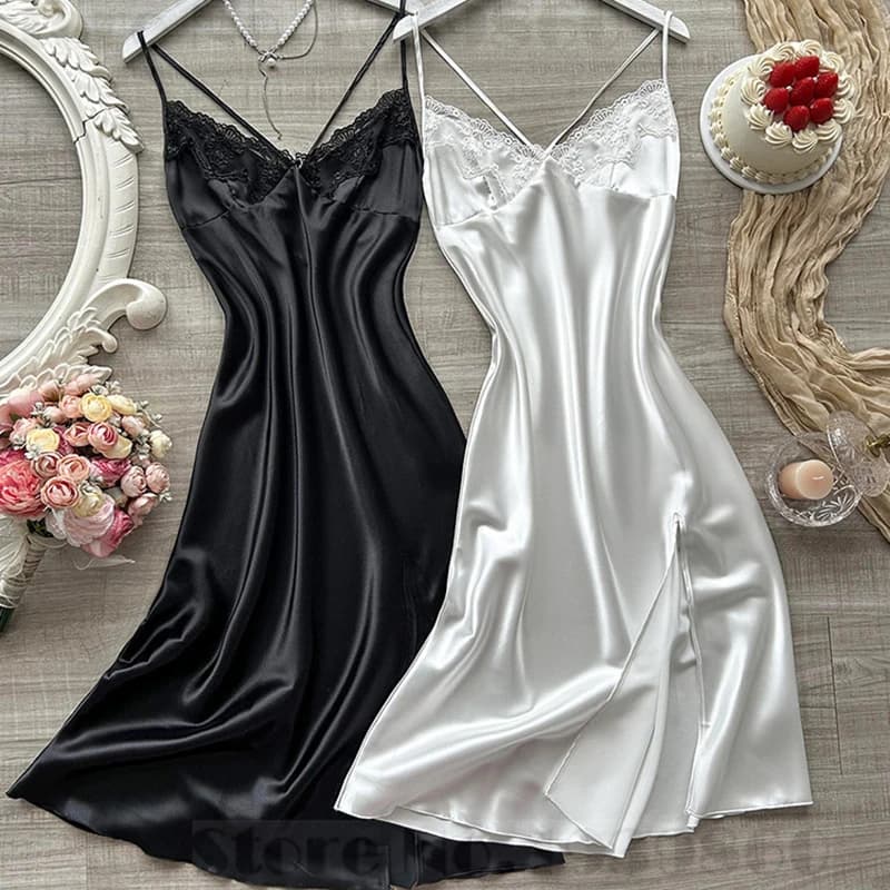 Female Sleepwear Suspender Long Nightgown Sexy Lace Trim Nightdress Intimate Lingerie Spring Summer Satin Home Dress Loungewear