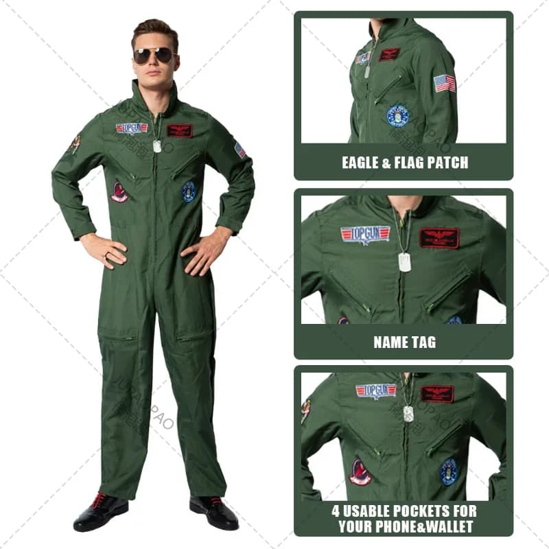 Top Gun Movie Cosplay American Airforce Uniform Halloween Costumes for Men Adult Army Green Pilot Jumpsuit  Astronaut