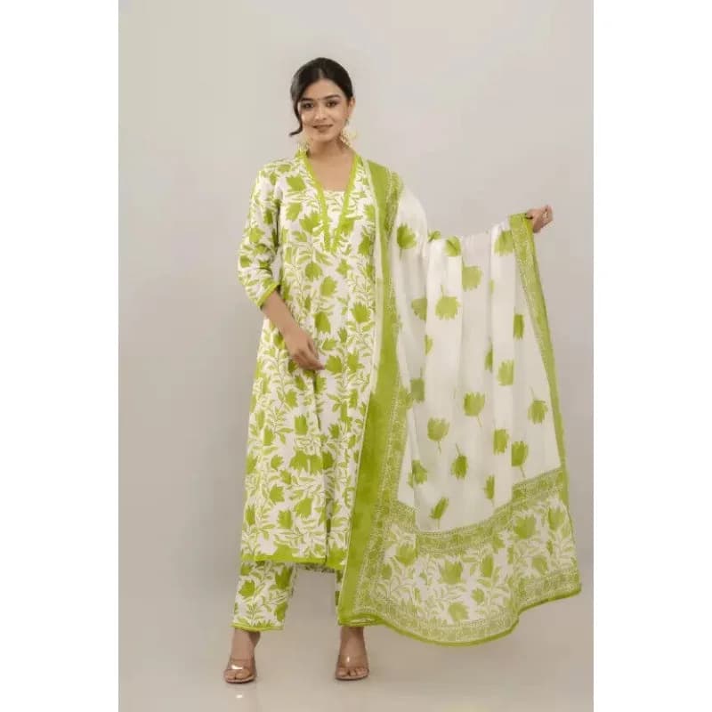 Women Kurta Pant Dupatta Set Rayon 3/4 Sleeve Kurti Salwar Suit