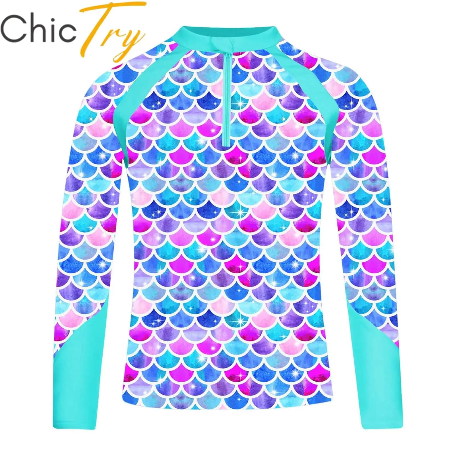 Girls Swim Tops Mermaid Costumes T Shirt Long Sleeve Fish Scales Print Tops Swimsuit Pool Beach UPF 50+ Surfing Bathing Tops