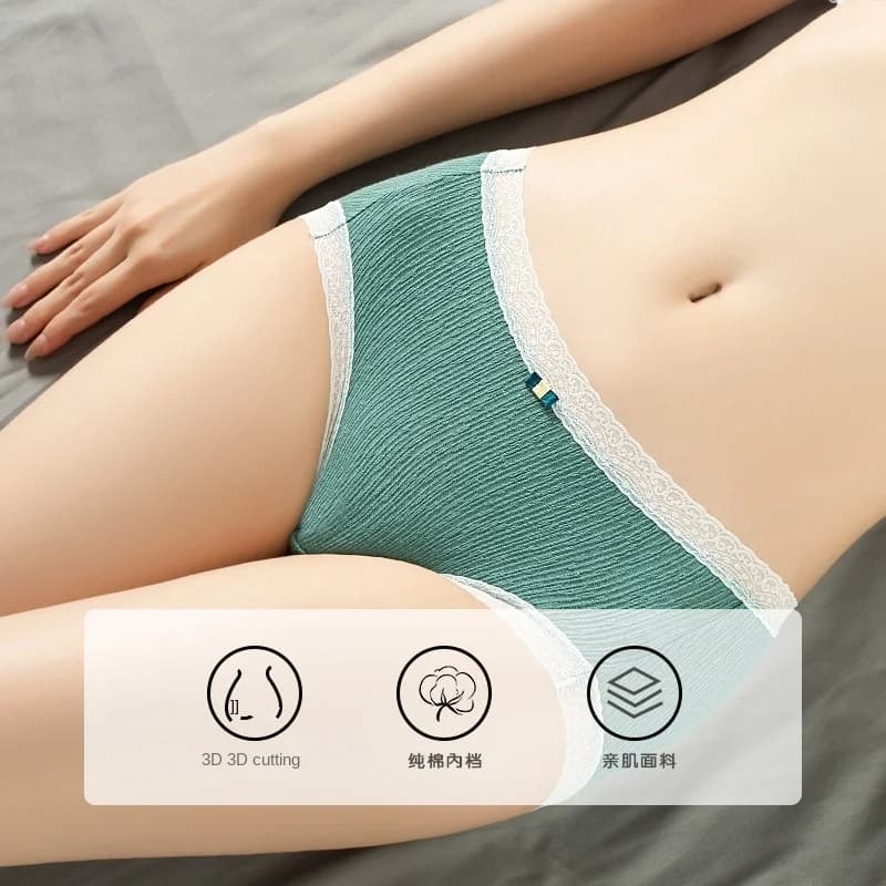 Lace cotton underwear women's mid-waist graphene crotch breathable summer girls lace briefs large underpants