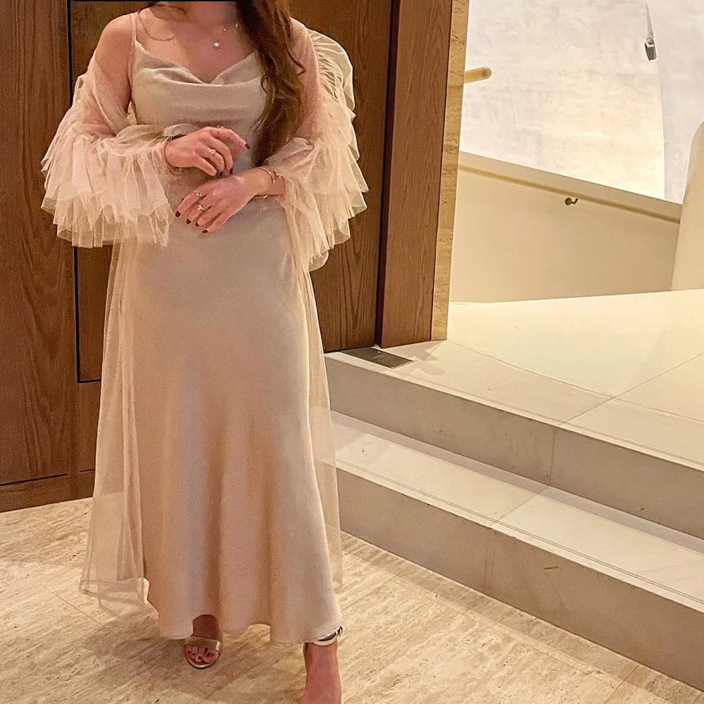 Graceful Satin Straight Spaghetti Straps shawl Evening Dress Detachable Sleeve Floor Length V-Neck Photo Color فساتين سهرة