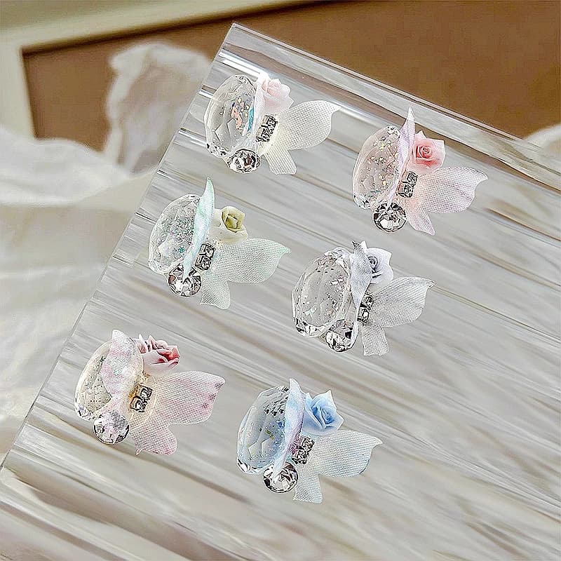 5PCS 3D Organza Butterfly Nail Flower Charms Stacked Crystal Diamonds Elliptical Rhinestone Nail Supplies Jewelry Accessories