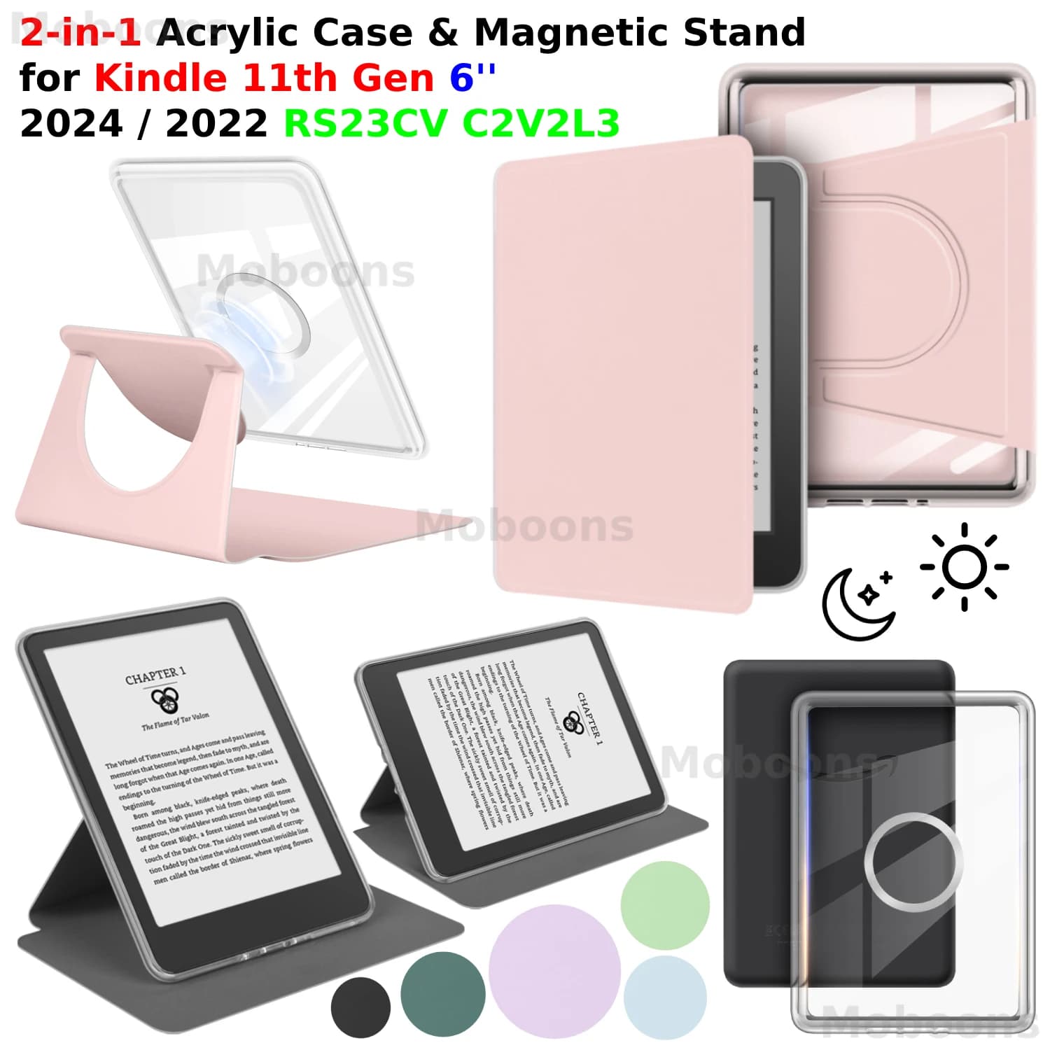 For Kindle 11th Gen Case 6'' 360° Rotatable 2-in-1 Magnetic Detachable Acrylic Case PU Leather Stand RS23CV C2V2L3 Sleep Funda
