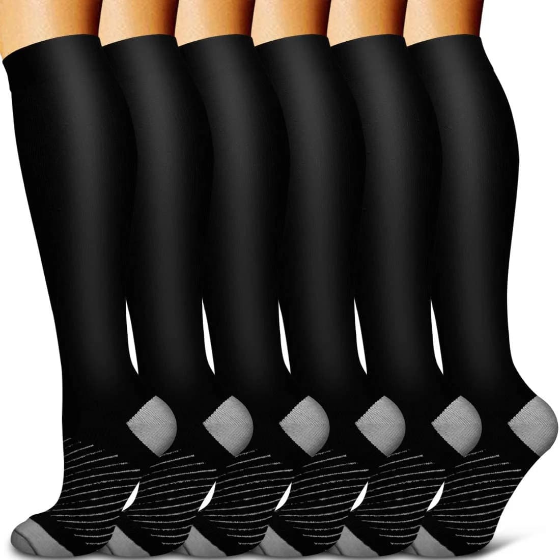 6 Pairs Women and Men Copper Black Compression Socks Anti-Fatigue Pain Relief Graduated Compression 15-20mmHg Sport Socks
