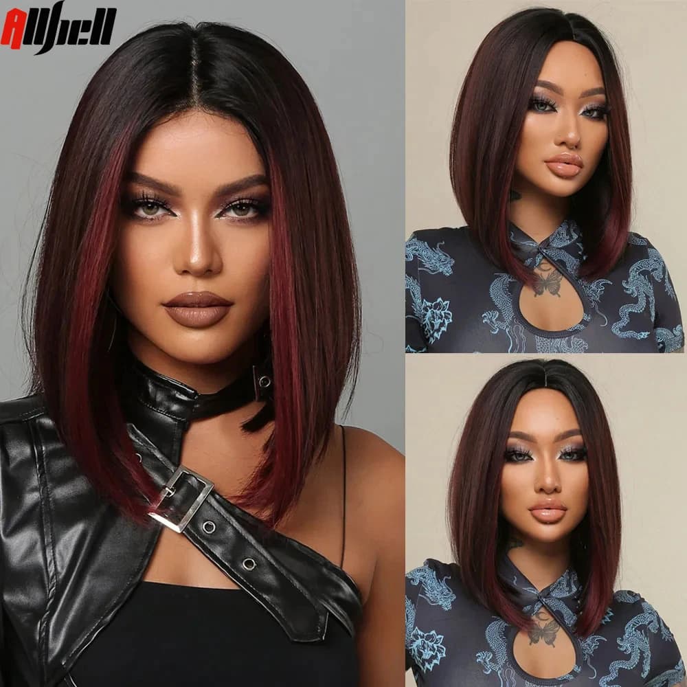Medium Length Chestnut Brown Red Synthetic Wigs Middle Part Wine Red Highlights Straight Wig Heat Resistant for Women Daily Use