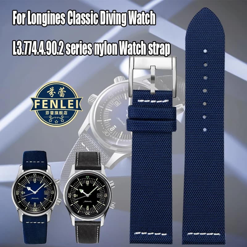 Nylon Leather bottom Watch strap For Longines legendary diver L3.674.4 L3.774.4 Classic Reprint Nylon Watch Band 22mm Bracelet