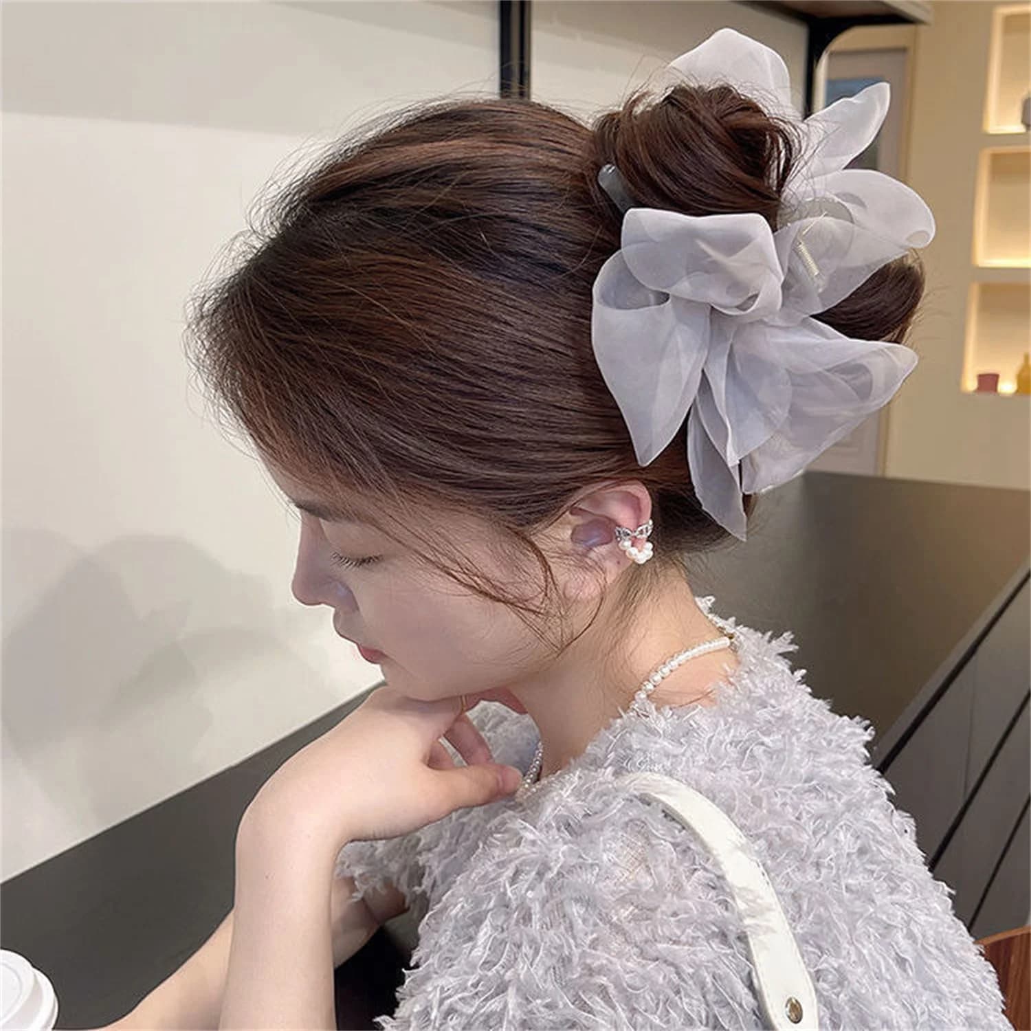 1 PC Fashion Mesh Tulle Large Bow Grab Clip Elegant Retro Woman Net Yarn Ponytail Braid Claw Clip Hair Accessories