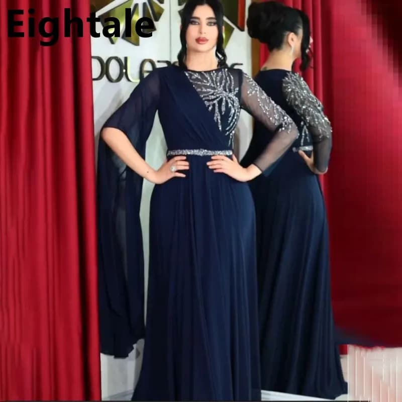 Customized Navy Blue Chiffon A Line Long Sleeve Evening Dress For Wedding Party Sequined Prom Dress Dubai Party Gown New