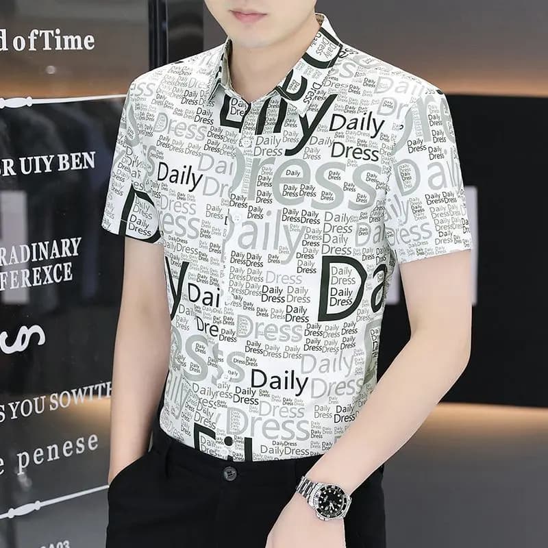 Summer Men's Clothing Button Letter Printing Turn-down Collar Short Sleeve Cardigan Shirt Casual Preppy Style Boyfriend Tops