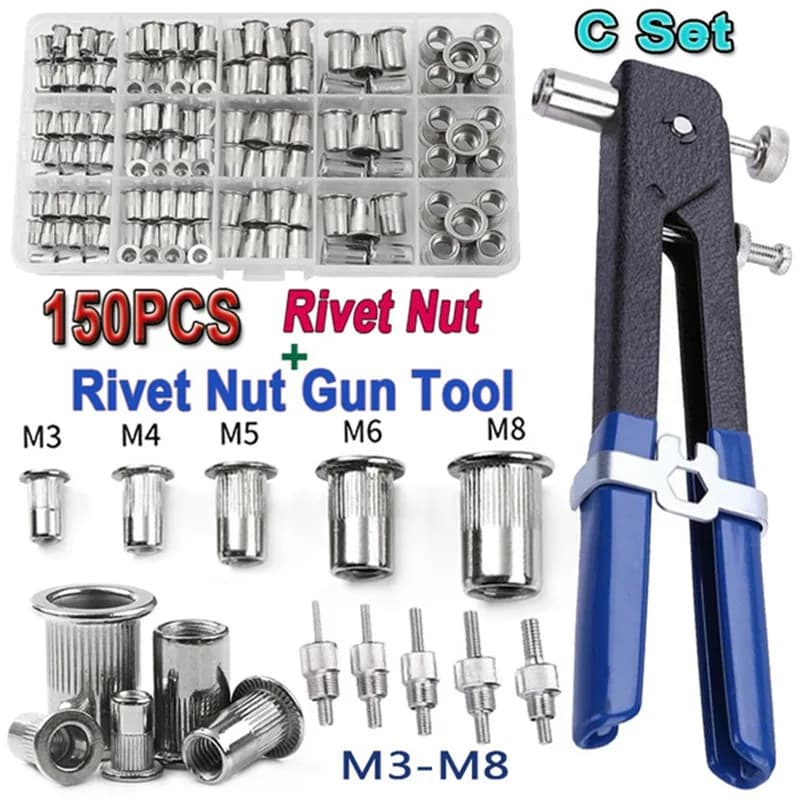 150PCS Rivet Nuts Plier Mandrel Kit M3/M4/M5/M6/M8 Nut Rivet Mandrels Repairtool Rivetgun Flatheadscrew Pop Nut Rivet Plier Set