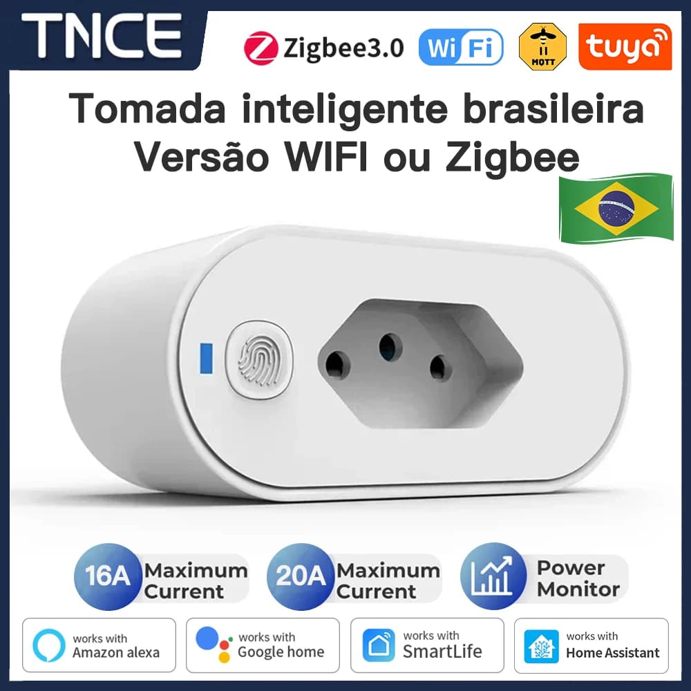 TNCE Tuya Brazil Plug 16/20A adapter, WIFI or zigbee3.0 socket with Power Monitor, Smart outlet control, Voice Google Home Alexa