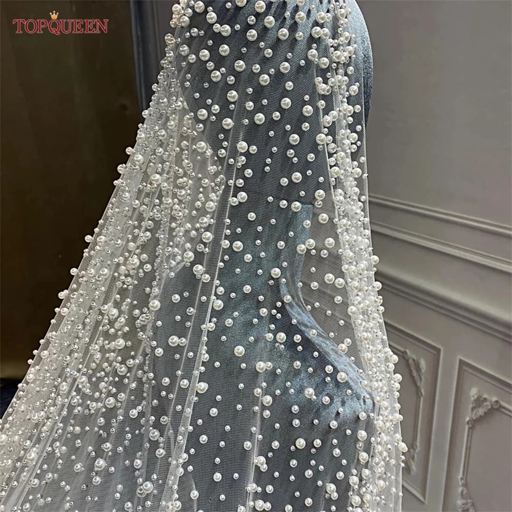 TOPQUEEN V139 Luxurious Wedding Veil with Pearls 5 Meter Long Bridal Veils Delicate Beaded Cathedral Length Veil Customizable