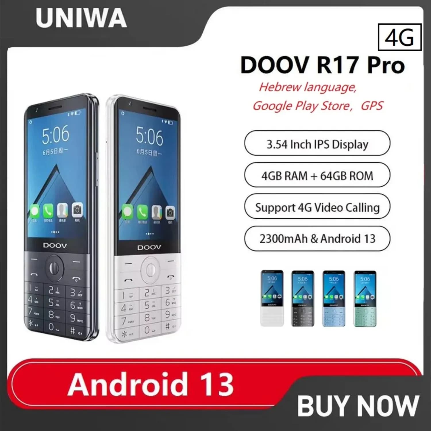 UNIWA DOOV R17 Pro 4G Hot Sale Keyboard Mobile Phone Smart Touch Screen Android 13  3.54" 4GB 64GB 2300mAh Russian Hebrew Phones
