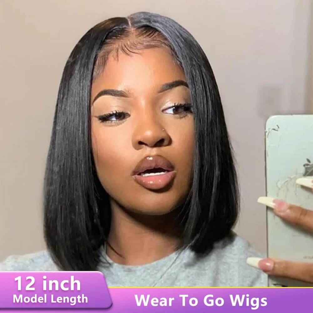 12 inch Straight Glueless Bob Wig Human Hair Wigs Ready to Wear Brazilian Remy Hair Wigs for Women 4x4 Pre Cut Closure Wigs