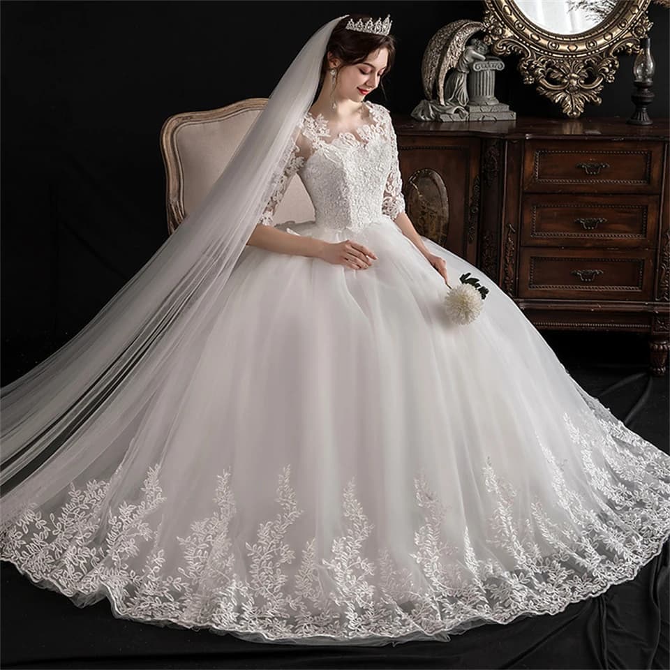 Customized O-neck Appliques Lace Illusion Ball Gown 2025 Wedding Dresses for woman Sweep Train Bridal Gowns Vestidos De Noiva
