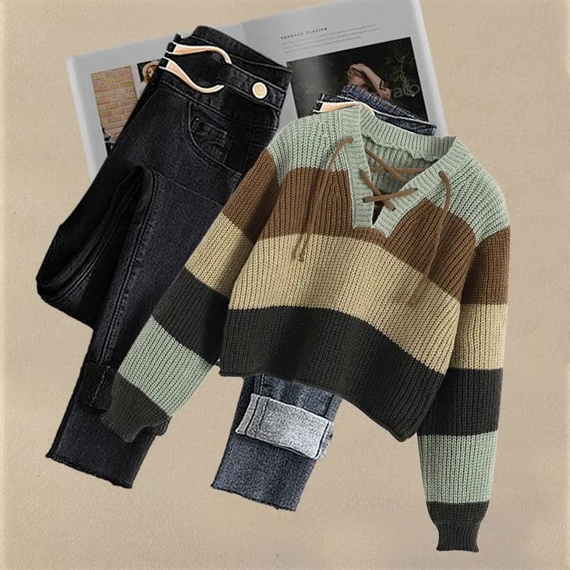 Spring Autumn Chic Stripe Bandage Short Sweater Pullover Denim Pants 1 or Two Piece Set Lady Fashion Jeans Knitted Tops Outfits