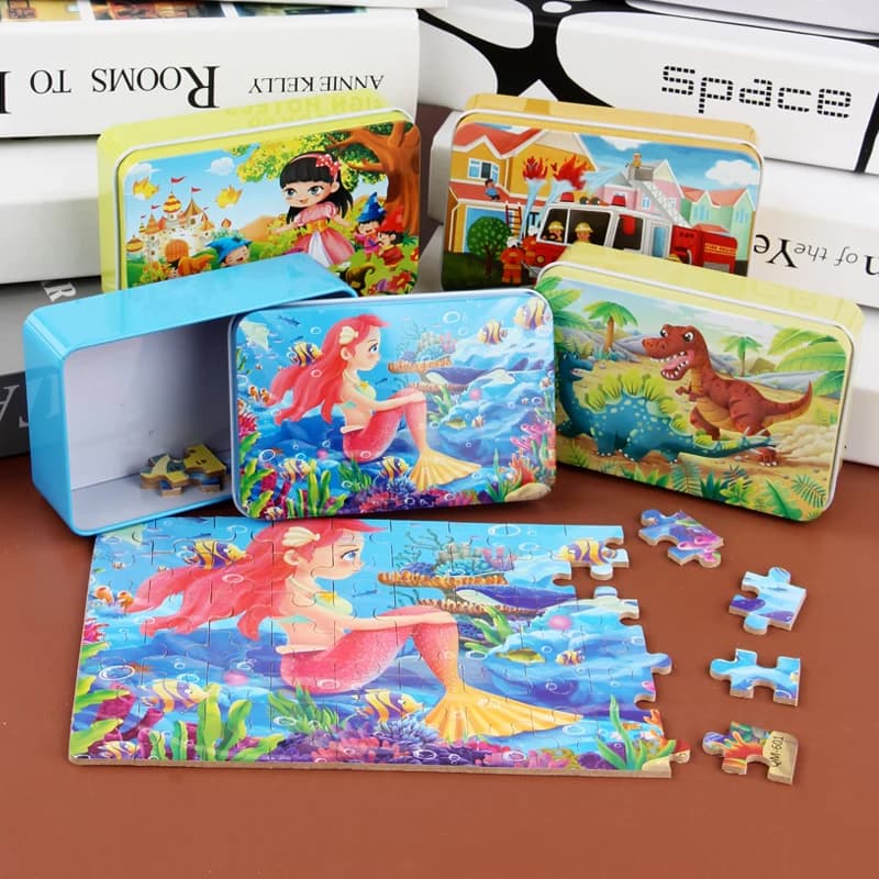 60pcs Jigsaw Cartoon Puzzle With Metal Box, Children's Early Education Animal Vehicle Puzzle, Parent-Child Interaction Game