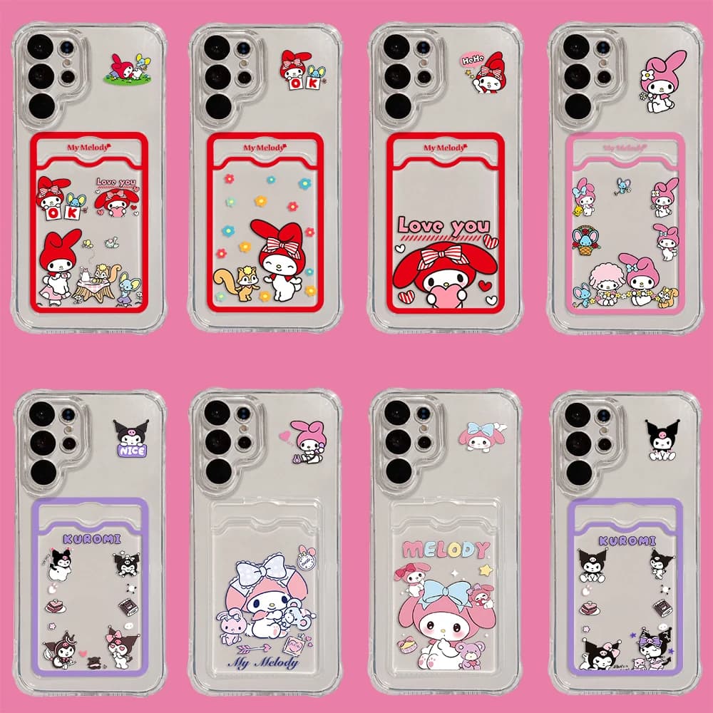 Cute My melody Kuromi Card Hold Phone Case For Samsung S24 S23 S22 S21 S20 FE Plus Ultra M33 M53 M54 5G Anti-fall Clear Cover