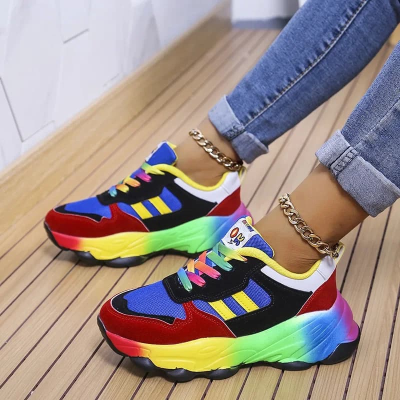 Sneakers Women's Platform Sports Shoes Rainbow Lace Up Multicolor Real Leather Vulcanize Shoes Casual Running Shoe Footwear