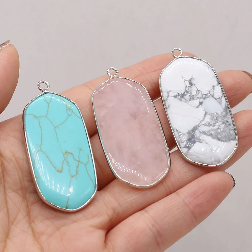Rose Quartz Turquoise Stone Natural Oval Geometry Pendant Craft Charms Jewelry MakingDIY Necklace Accessories Gift Party 23x48mm