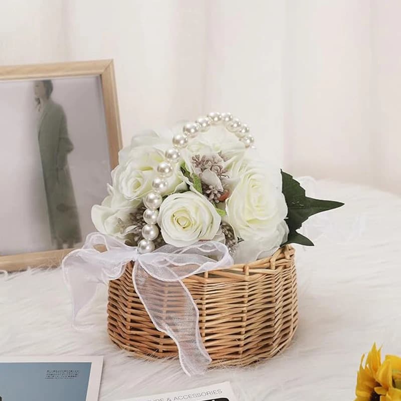 One wicker rattan flower child Basket with Pearl handle and bow Hand woven Easter basket Wicker basket for Weddings (brown)