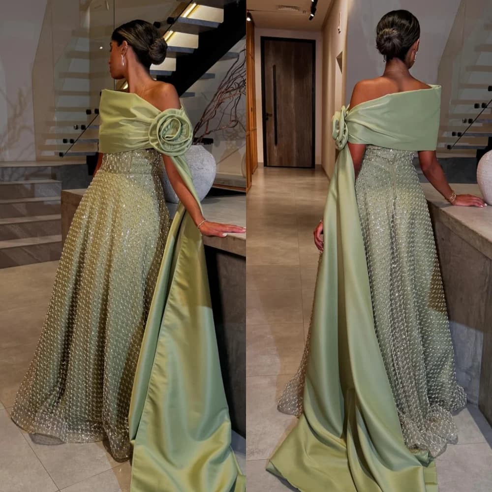 Customized Fashion Pleat Flower A-line Off-the-shoulder Long Dresses Bespoke Occasion Dresses Sizes Available