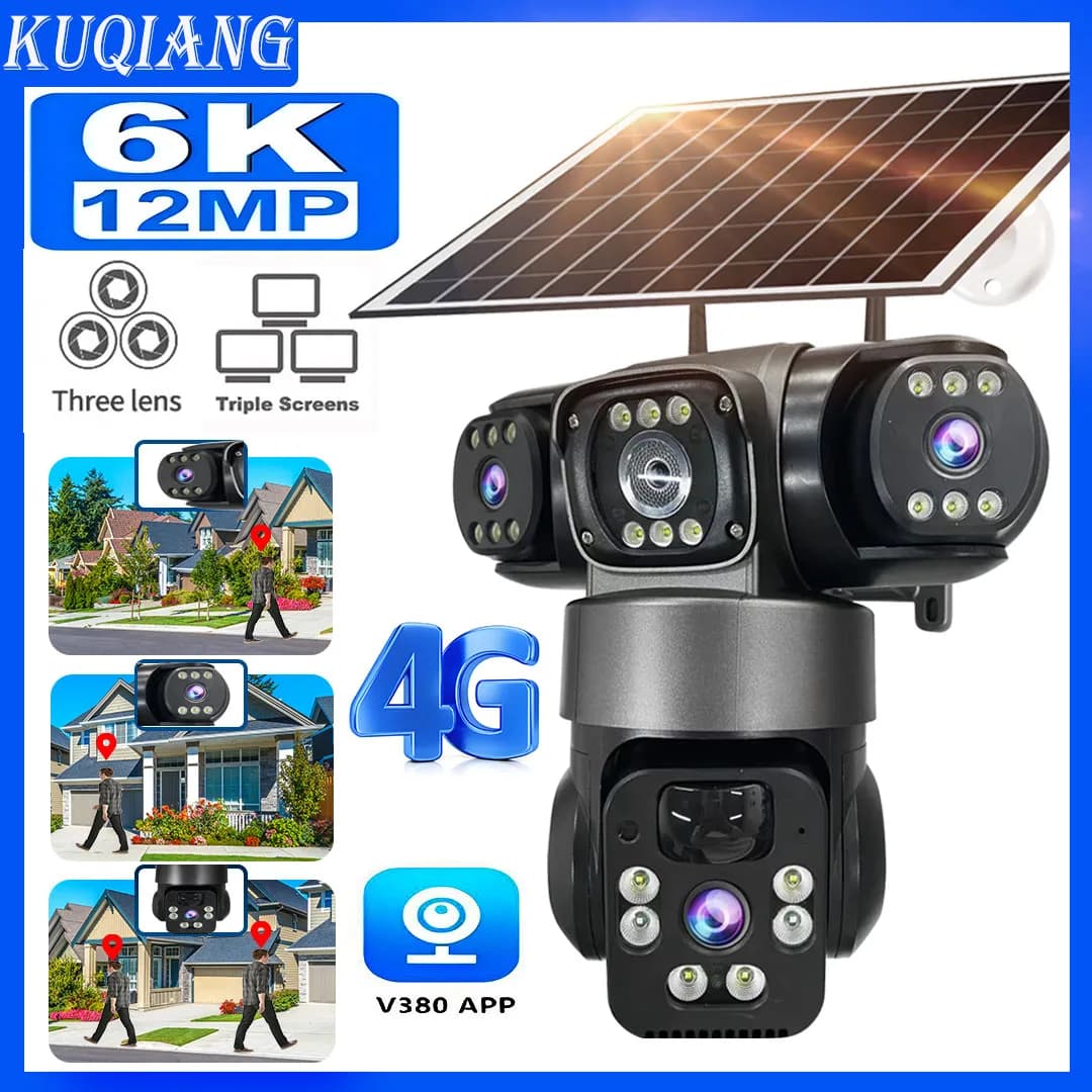 6K 12MP 4G SIM Solar Camera Outdoor 3 Lens 3 Screen Surveillance CCTV PTZ Human Detect Auto Tracking Solar Security Camera V380