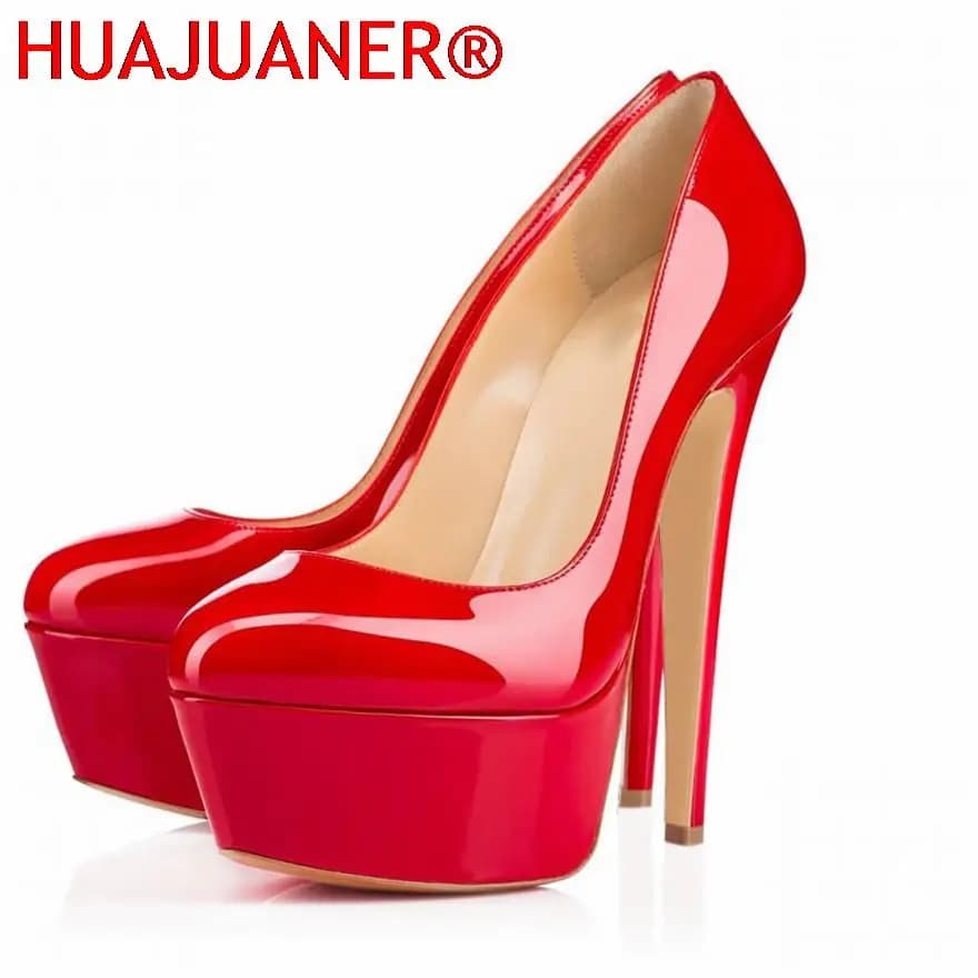 Candy Color Platform Women High Heels Shoes Round Toe Patent Leather Pumps Woman Sexy Party Wedding Shallow Ladies Shoes Size 42