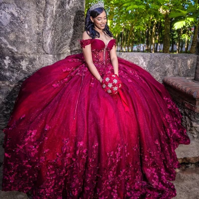 Angelsbridep Vestidos De Graduación Burgundy Princess Ball Gown Quinceanera Dress Off Shoulder Sweetheart Party Dress With Cape
