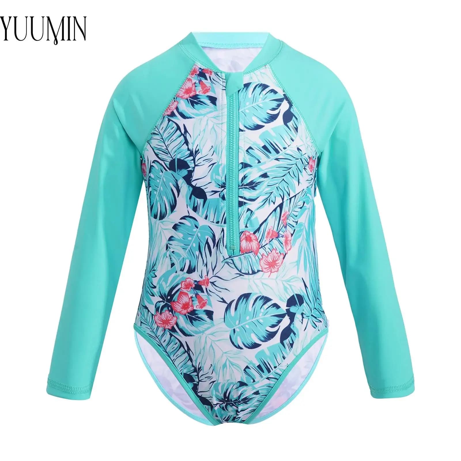 Kids Girls Zipper Front One Piece Swimsuit Brazilian Beachwear Swimwear Rash Guard Long Sleeve Printed Gym Leotard Swimsuits