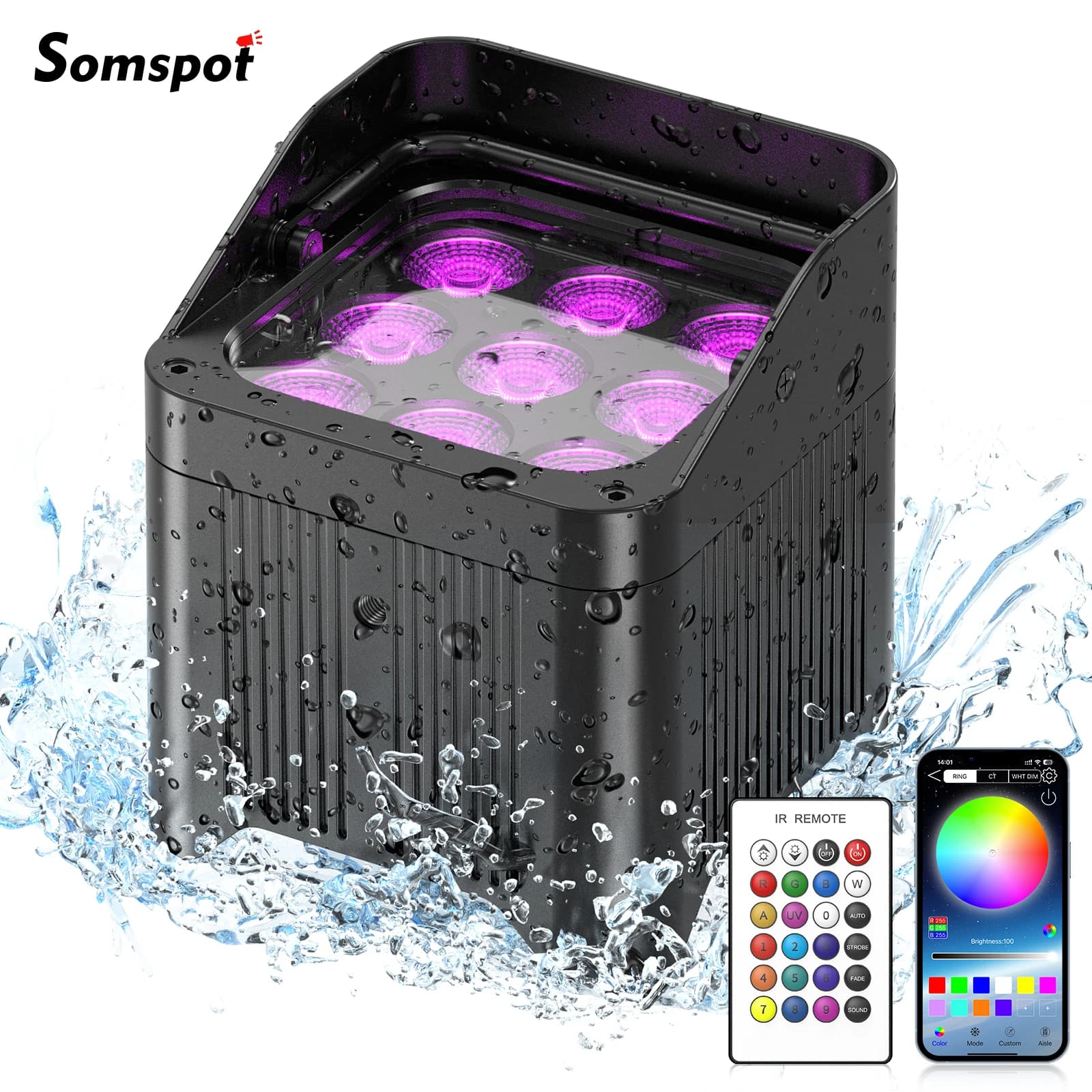 Somspot Battery Rechargeable Stage Par Light 9*18W 6 IN1 RGBWA+UV LEDs Lights IP65 Waterproof Lights For Wedding Halls Party