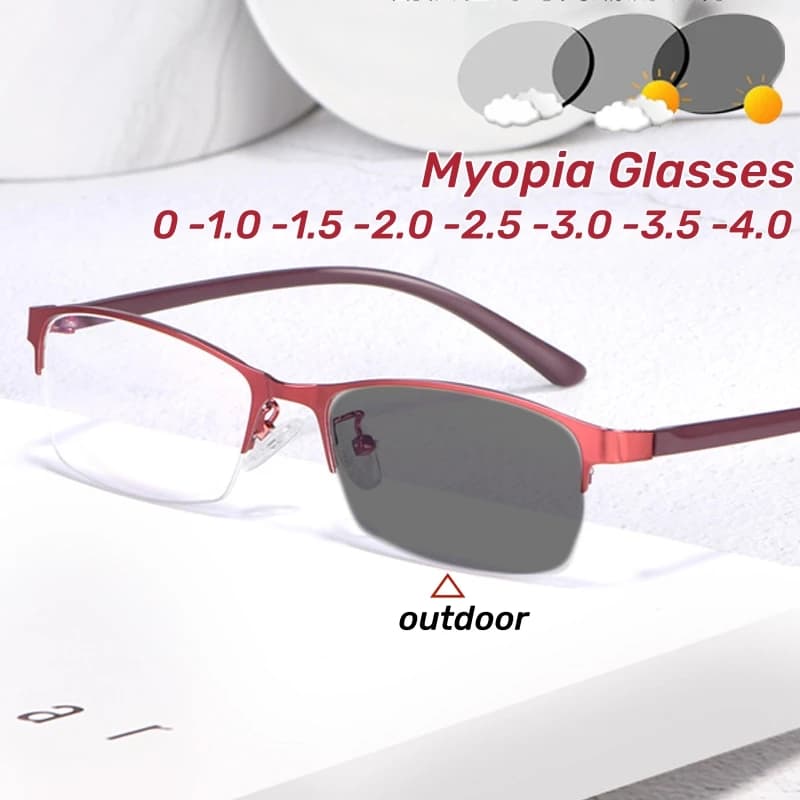 2024 Anti Blue Light Color Changing Photochromic Near Sight Glasses Ultra Light Myopia Glasses Men Women Half Frame Eyewear