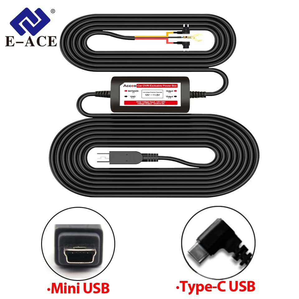 E-ACE 3.5 Meters Surveillance Hidden Wiring Three Wires 5V/2.5A For CAR DVR Mini Or TYPE-C USB Car Charger 24H Parking Monitor