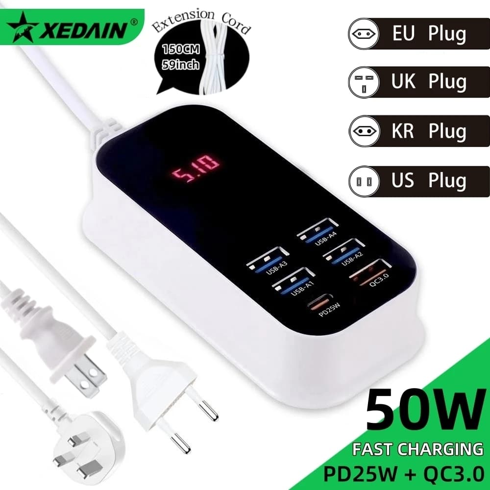 Real 50W 6-Ports USB Quick Charger PD QC 3.0 Fast Charging Display Type-C EU UK US 1.5M Desktop Power Adapter For Iphone Samsung
