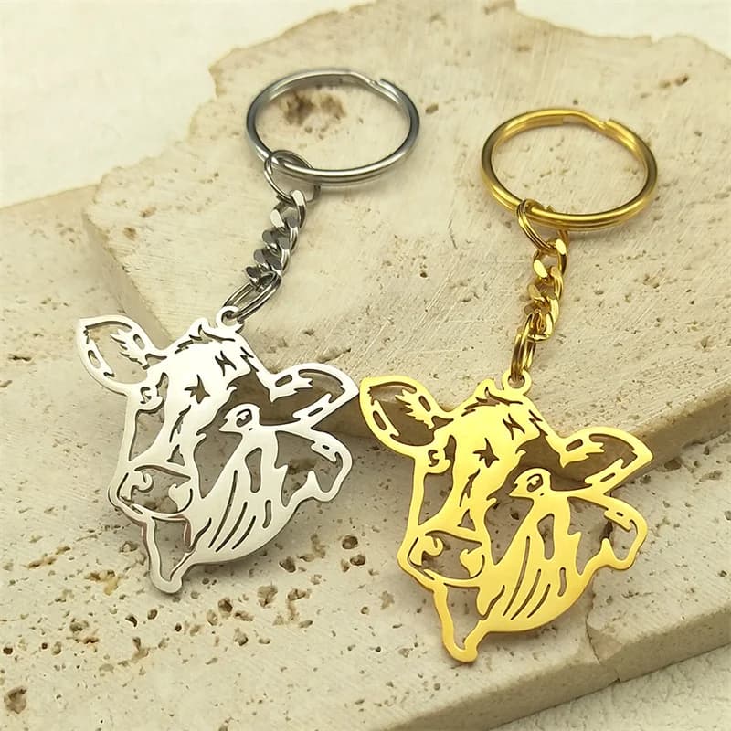 Animal Cow Key Chain for Women Men Stainless Steel Gold Color Hollow Cute Calf Bull Bag Decor Key Ring Holder Jewelry K9739S01