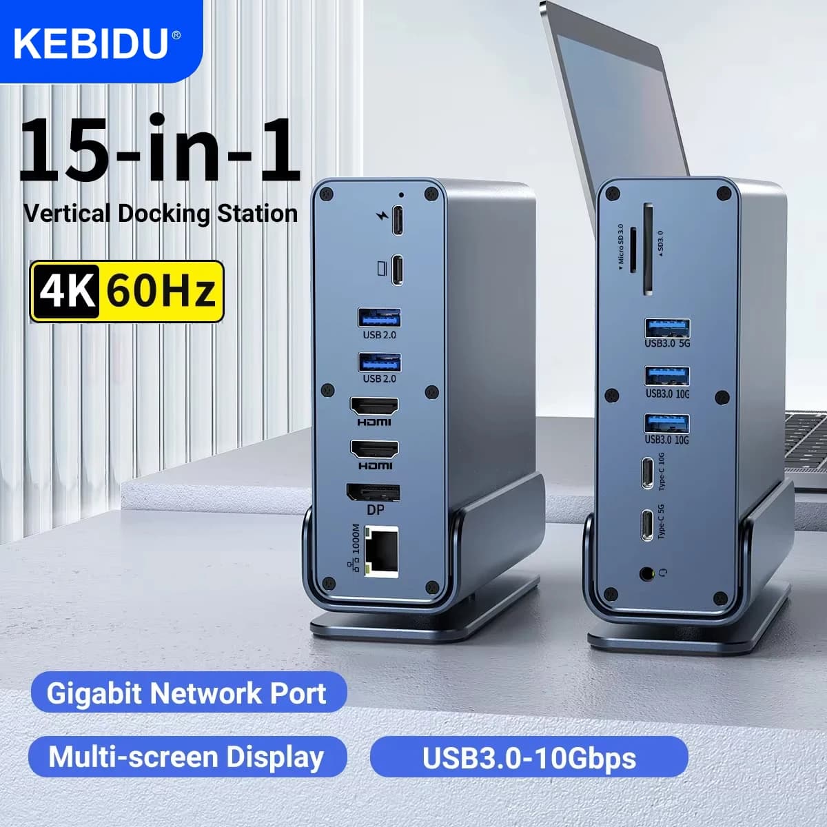 15 in 1 USB-C Docking Station 4K@60Hz HDMI DisplayPort Hub USB A RJ45 SD TF Audio 3.5mm Port Adapter for Macbook Pro Laptop PC
